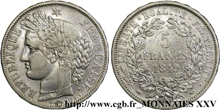 5 francs Cérès Deuxième République “Main/Main” 1849 Paris F.327/2 VF 