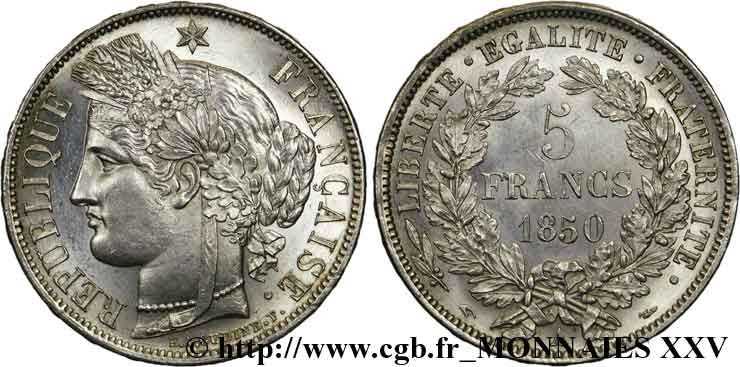 5 francs Cérès Deuxième République 1850 Paris F.327/4 VZ 