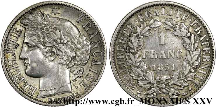 1 franc Cérès, IIe République 1851 Paris F.211/9 TTB 