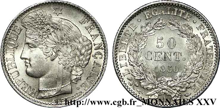 50 centimes Cérès Deuxième République 1850 Paris F.184/2 EBC 