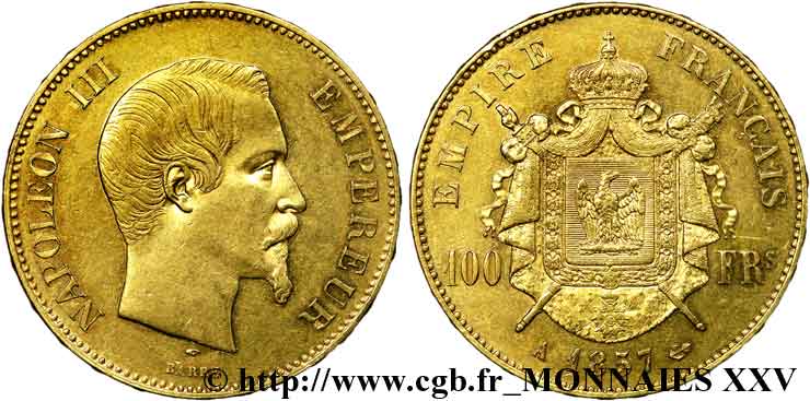 100 francs or Napoléon III, tête nue 1857 Paris F.550/4 XF 
