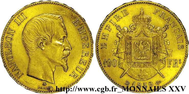 100 francs or Napoléon III, tête nue 1859 Strasbourg F.550/8 MBC 