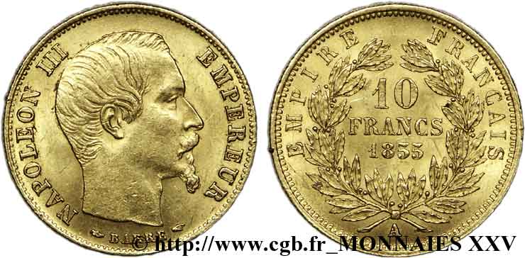 10 francs Napoléon III, tête nue, petit module 1855 Paris F.505A/2 EBC 