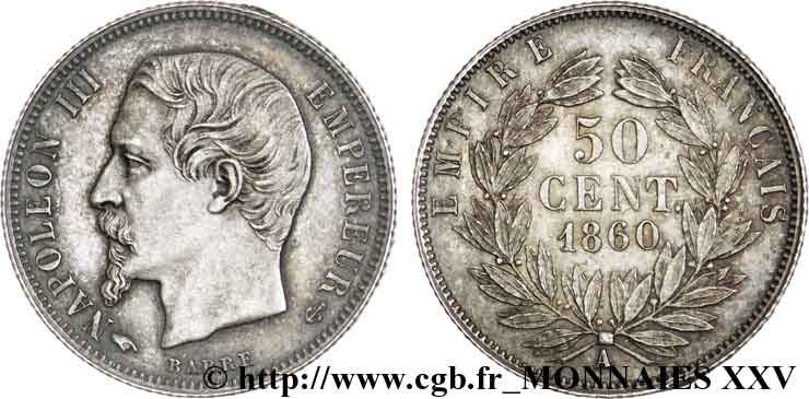 50 centimes Napoléon III, tête nue 1860 Paris F.187/13 AU 