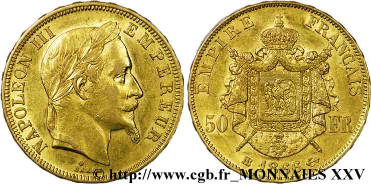 50 francs or Napoléon III, tête laurée 1866 Strasbourg F.548/7 XF 