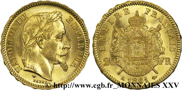 20 francs or Napoléon III, tête laurée 1861 Paris F.532/1 EBC 