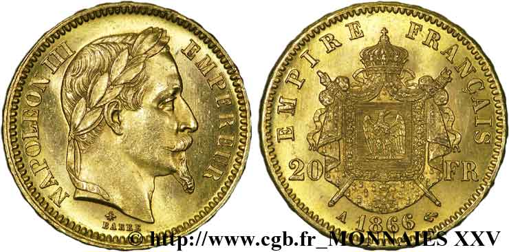 20 francs or Napoléon III, tête laurée 1866 Paris F.532/13 SPL 