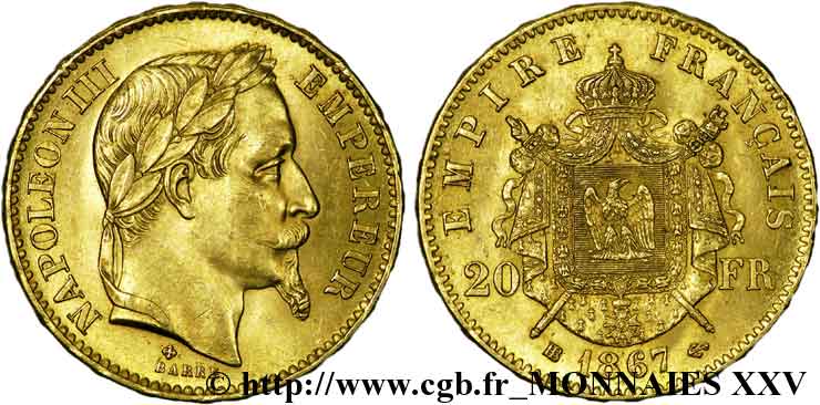 20 francs or Napoléon III, tête laurée 1867 Strasbourg F.532/16 SUP 