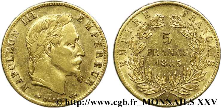 5 francs or Napoléon III, tête laurée 1865 Paris F.502/7 SPL 