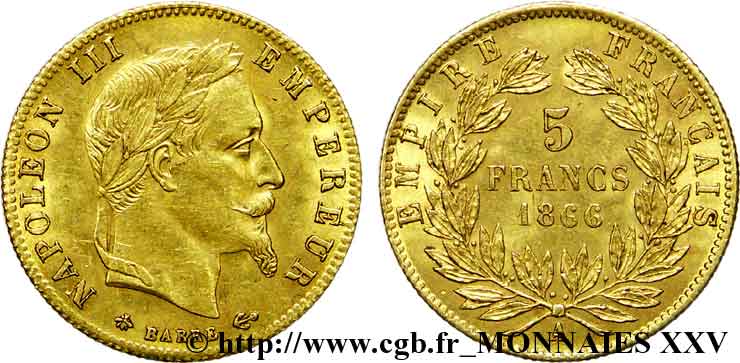 5 francs or Napoléon III, tête laurée 1866 Paris F.502/9 AU 