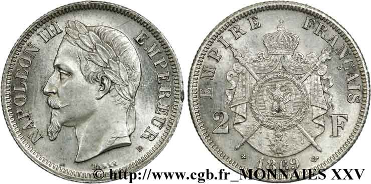 2 francs Napoléon III, tête laurée  1869 Strasbourg F.263/11 AU 