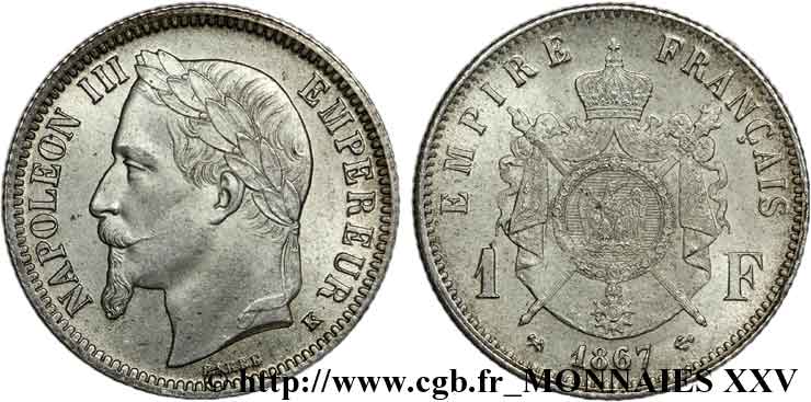 1 franc Napoléon III, tête laurée 1867 Bordeaux F.215/9 EBC 