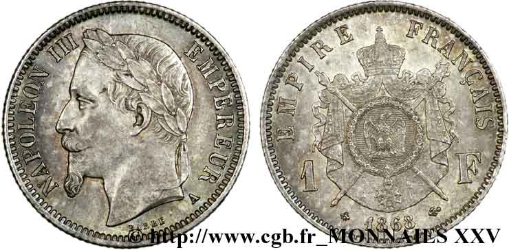 1 franc Napoléon III, tête laurée 1868 Paris F.215/10 AU 
