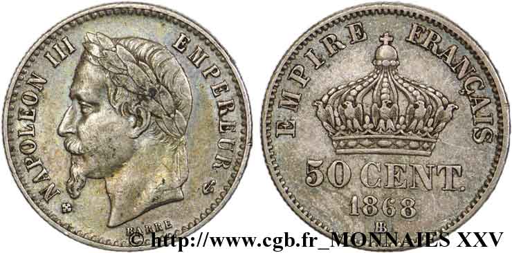 50 centimes Napoléon III, tête laurée 1868 Strasbourg F.188/21 TTB 