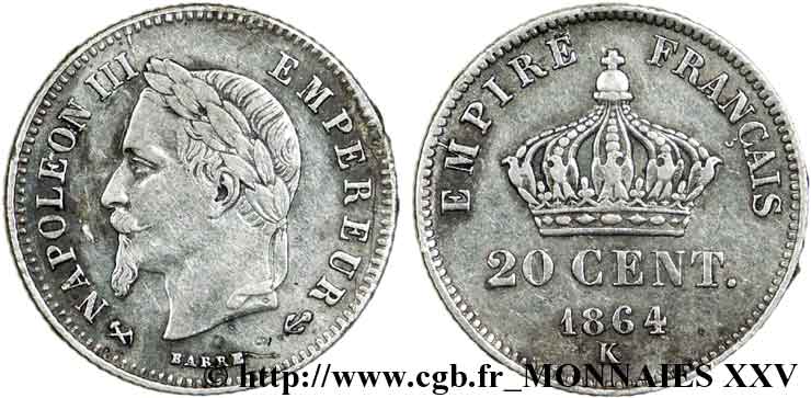 20 centimes Napoléon III, tête laurée, petit module 1864 Bordeaux F.149/3 TTB 