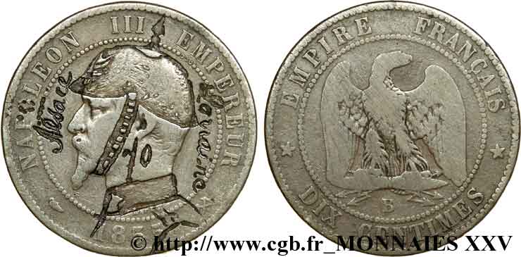 Monnaie satirique, module de 10 centimes, regravée 1855 Rouen F.133/34 BC 