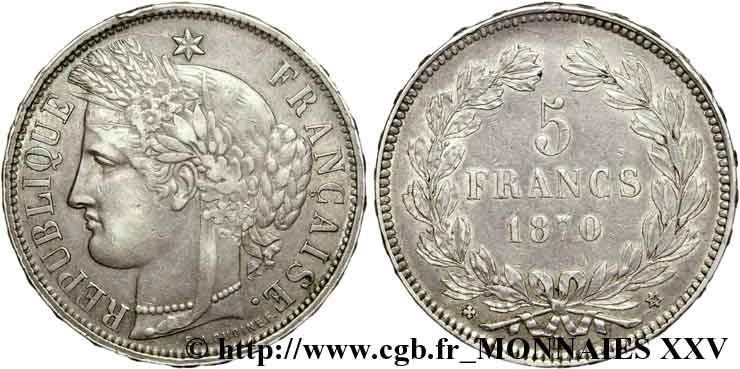 5 francs Cérès sans légende 1870  Bordeaux F.332/4 SS 