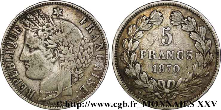 5 francs Cérès sans légende 1870 Bordeaux F.332/7 MB 