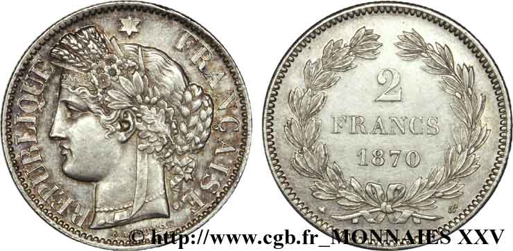 2 francs Cérès sans légende 1870  Paris F.264/1 VZ 