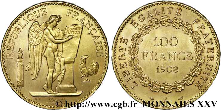 100 francs génie, tranche inscrite en relief liberté égalité fraternité 1908 Paris F.553/2 SUP 