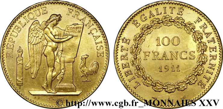 100 francs génie, tranche inscrite en relief liberté égalité fraternité 1911 Paris F.553/5 AU 