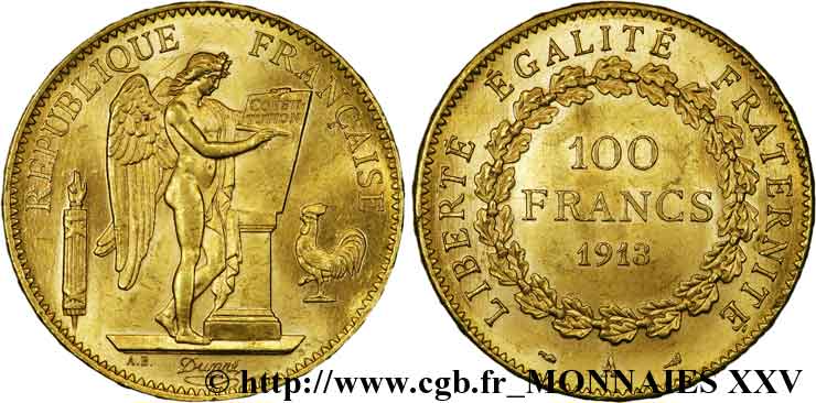100 francs génie, tranche inscrite en relief liberté égalité fraternité 1913 Paris F.553/7 EBC 