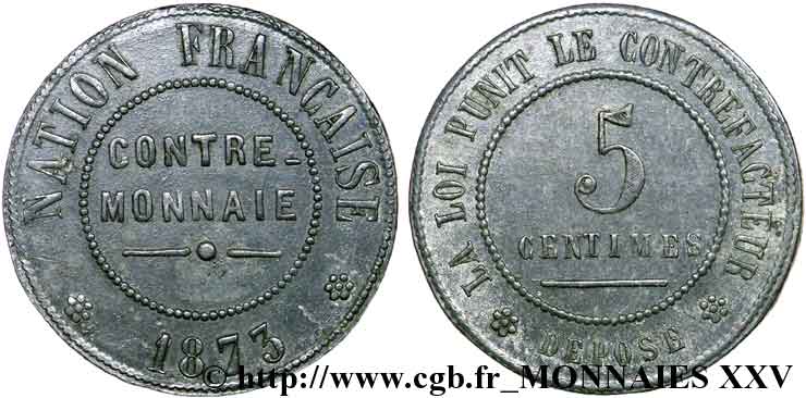 Contre-monnaie de 5 centimes 1873 Paris VG.3847  c MBC 