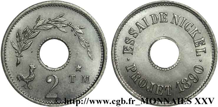 Essai de 2 centimes en nickel 1890  VG.4124  MS 