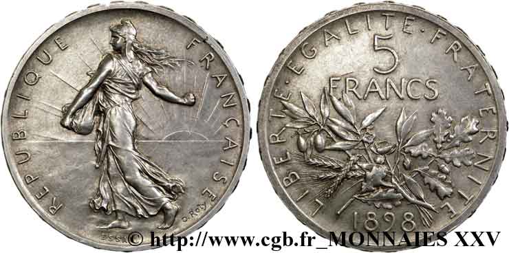 Essai de la 5 francs Semeuse, flan mat, vieil argent 1898 Paris VG.4321  SPL 