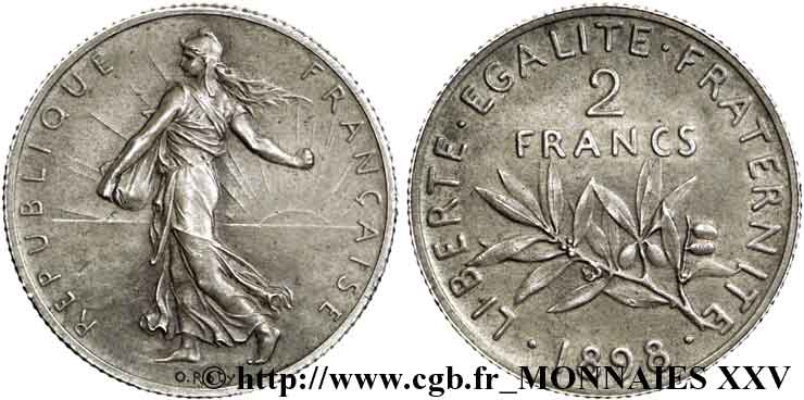 2 francs Semeuse, flan mat, vieil argent 1898 Paris F.266/2 SPL 