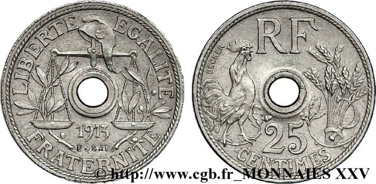Essai de 25 centimes de Becker, grand module 1913 Paris VG.4750  EBC 
