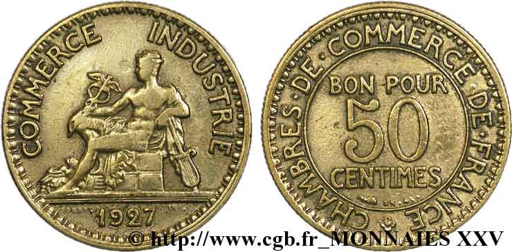 50 centimes Chambres de Commerce, axe décalé 1927 Paris F.191/9 TB 