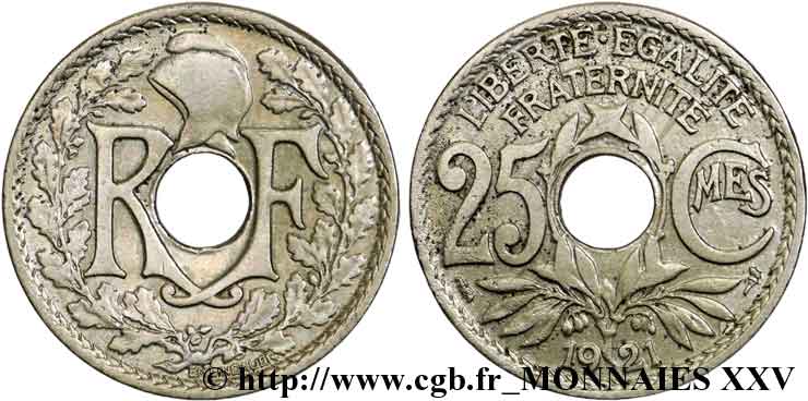 25 centimes Lindauer, axe décalé 1921 Paris F.171/5 var. S 