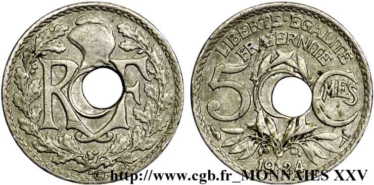 5 centimes Lindauer petit module, trou décentré 1924 Paris F.122/8 var. VF 