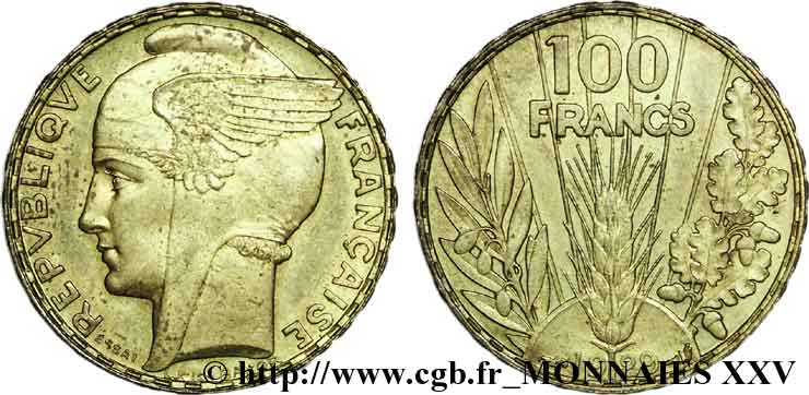Essai concours de 100 francs en bronze-aluminium de Bazor 1929 Paris VG.5216  EBC 