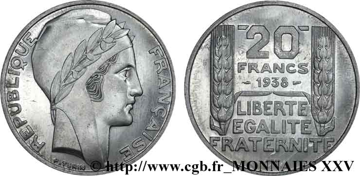 Essai de 20 francs Turin, tranche lisse en aluminium 1938 Paris VG.5489  b FDC 