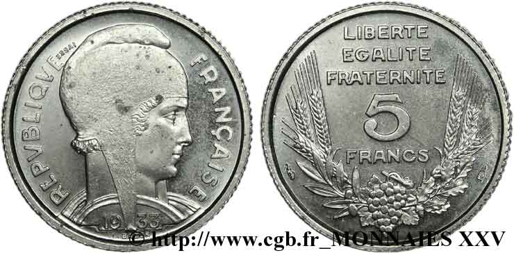 Concours de 5 francs, essai de Bazor en nickel 1933 Paris F.335/1 AU 