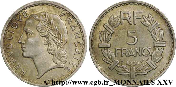 5 francs Lavrillier en nickel, axe décalé 1935 Paris F.336/4 var. VZ 