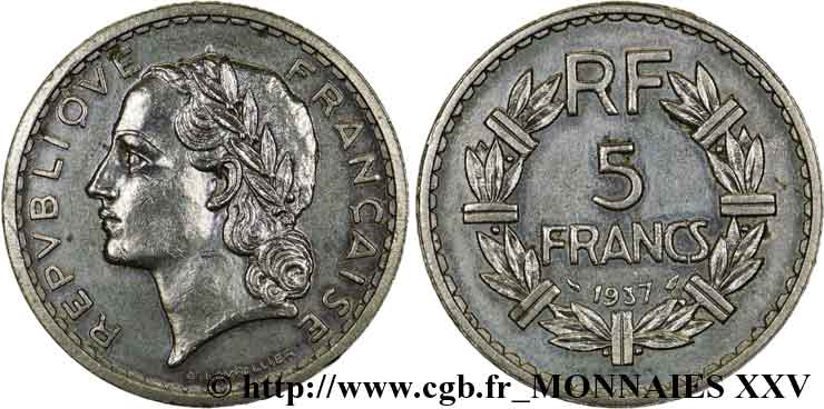 5 francs Lavrillier en nickel 1937 Paris F.336/6 AU 