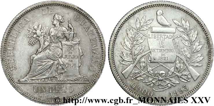 GUATEMALA - RÉPUBLIQUE DE L AMÉRIQUE CENTRALE Essai en argent de un peso par Lagrange 1893 Paris SUP 