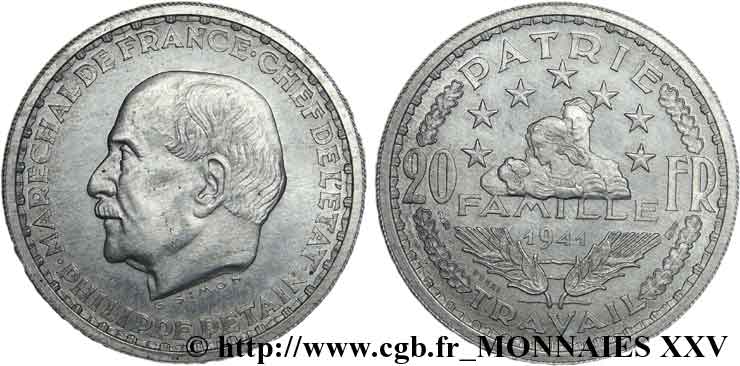 Essai de 20 francs Pétain en aluminium de Simon 1941 Paris G.857P  SPL 