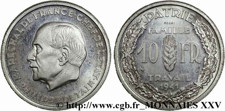 Essai - piéfort de 10 francs Pétain en aluminium de Simon 1941 Paris VG.5571  FDC 