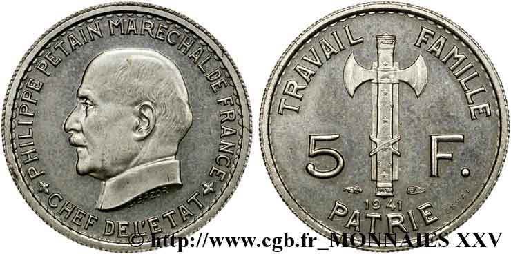 Essai de 5 francs Pétain en cupro-Nickel, 3e type de Bazor (type adopté) 1941 Paris F.338/1 ST 