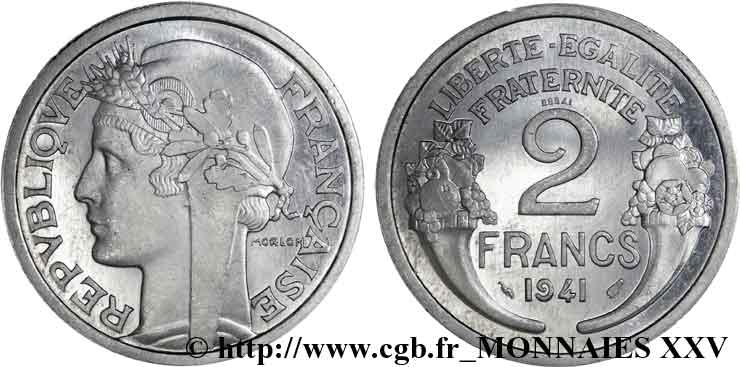 Essai en aluminium de 2 francs Morlon 1941 Paris F.269/1 SC 