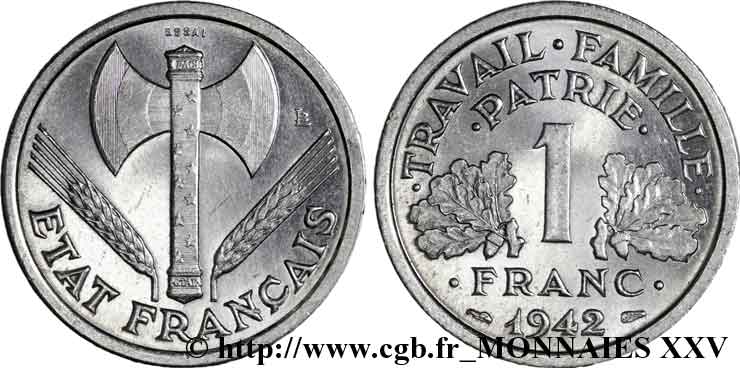 Essai de 1 franc Francisque 1942 Paris F.222/1 MS 