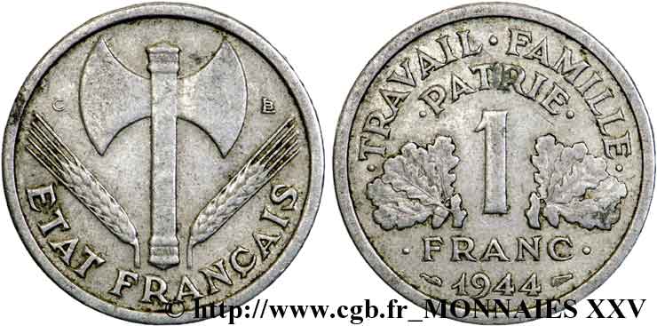 1 franc Francisque, légère, frappe médaille 1944 Castelsarrasin F.223/5 var. S 