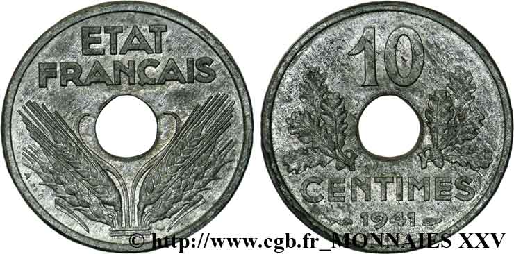 Essai - piéfort de 10 centimes État français 1941 Paris F.141/1P MS 