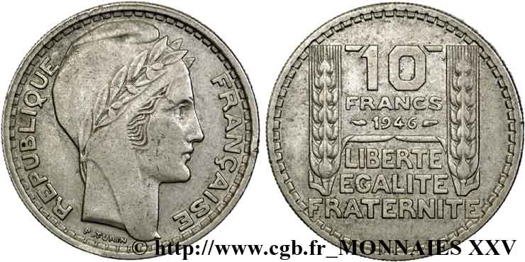 10 francs Turin, grosse tête, rameaux longs 1946 Paris F.361/3 VF 