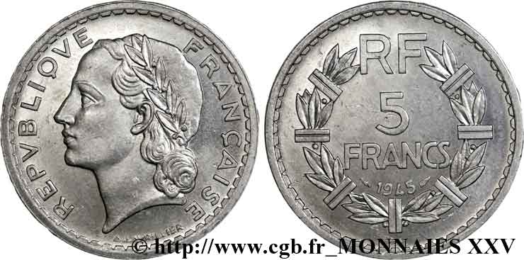 Essai de 5 francs Lavrillier, en aluminium 1945 Paris F.339/1 EBC 