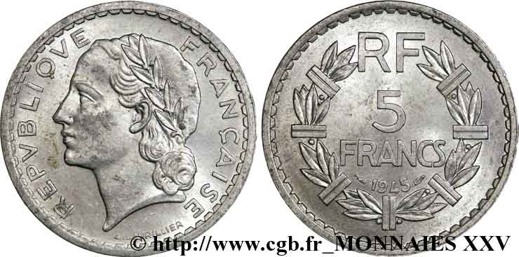 5 francs Lavrillier en aluminium 1945 Paris F.339/3 fST 